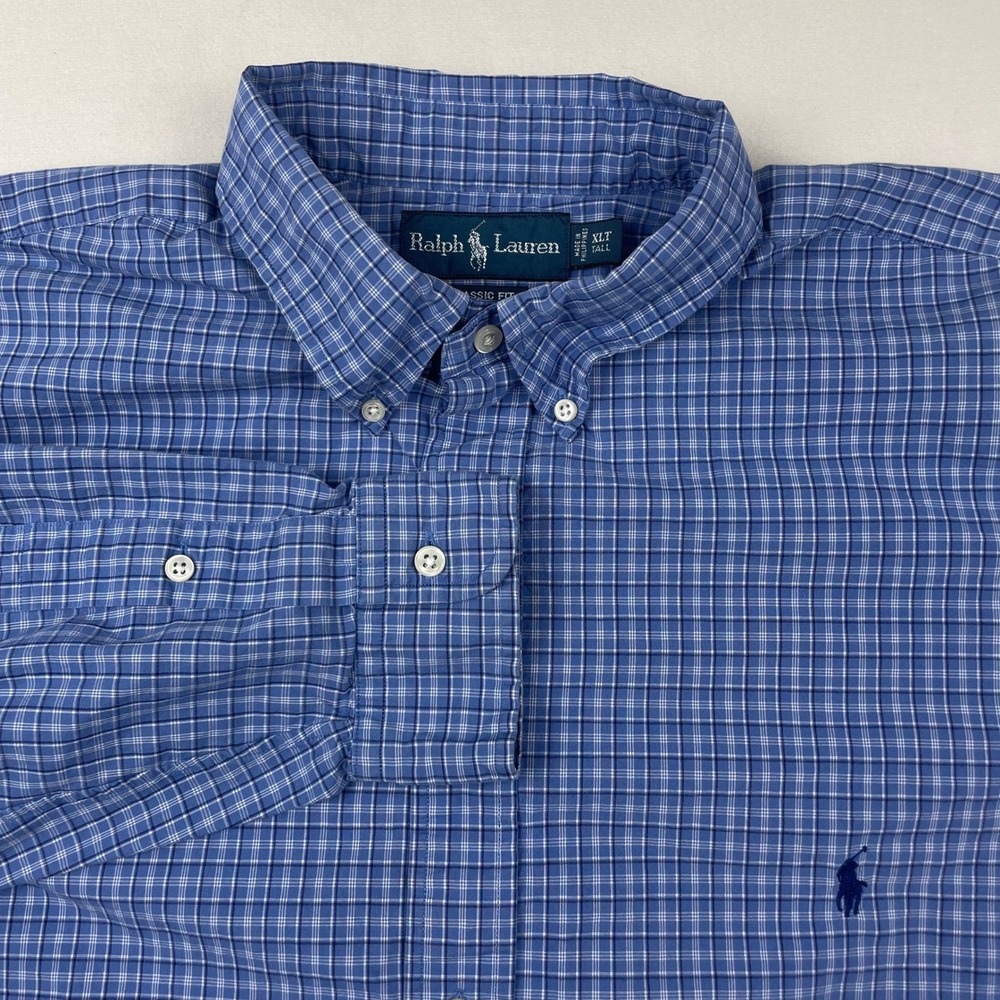 Ralph Lauren Classic Fit Blue Check Button Down Shirt Mens XLT Tall Long Sleeve